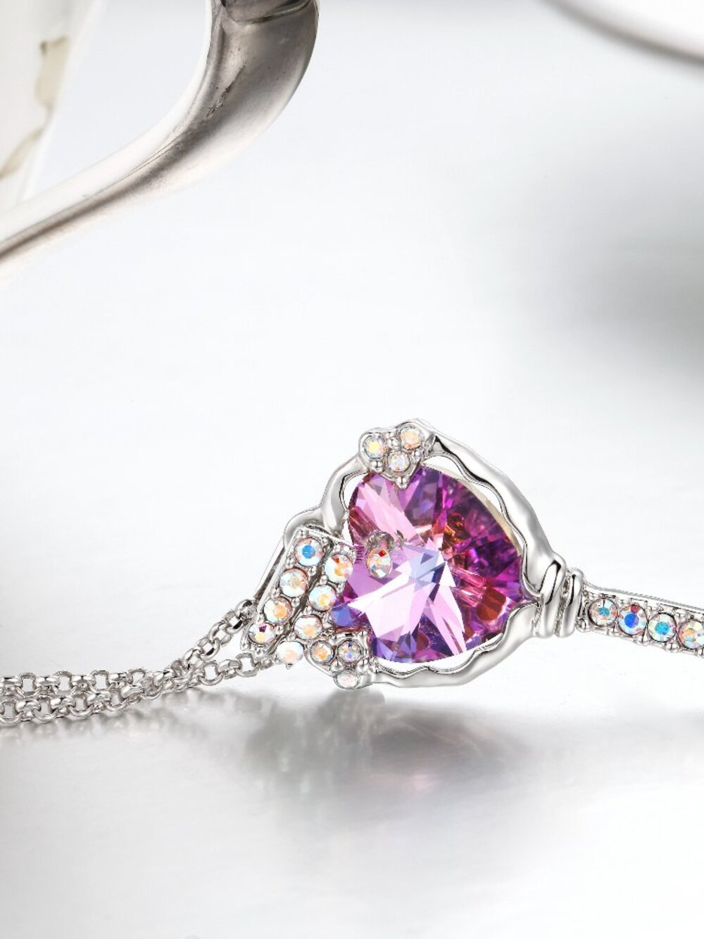 Key to My Heart Pendant Necklace, Purple Amethyst Austrian Crystals, 32.5" - Picture 6 of 7